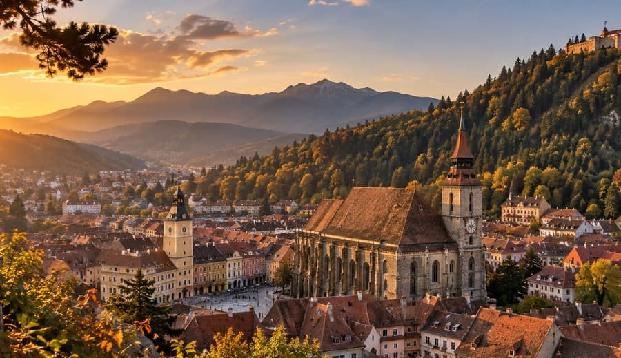 Brașov at golden hour: the Black Church and Tâmpa
