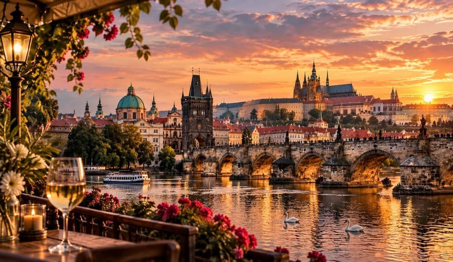 Praga la apus: Podul Carol și Castelul deasupra Vltavei