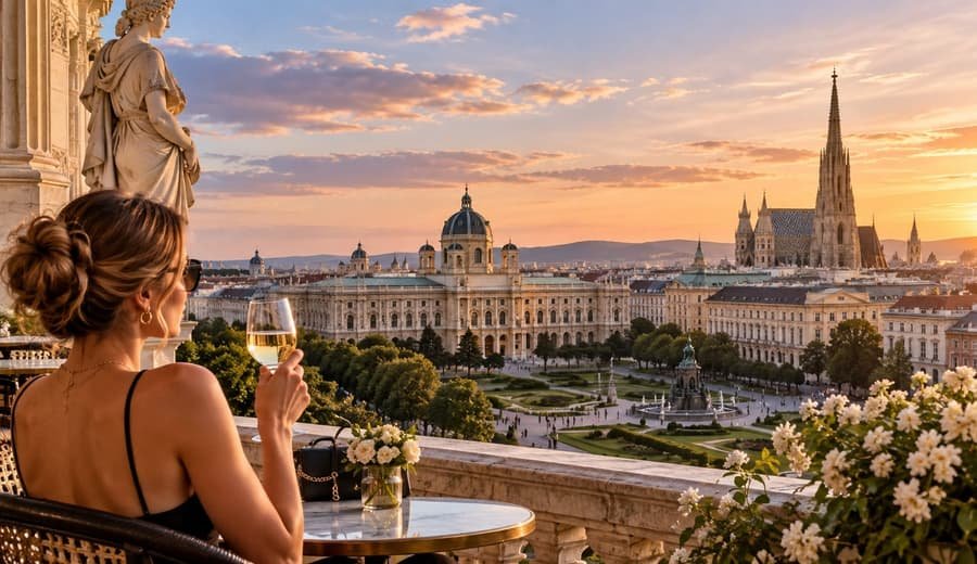Viena la apus: cupola Muzeului de Istorie Naturală și Catedrala Sf. Ștefan